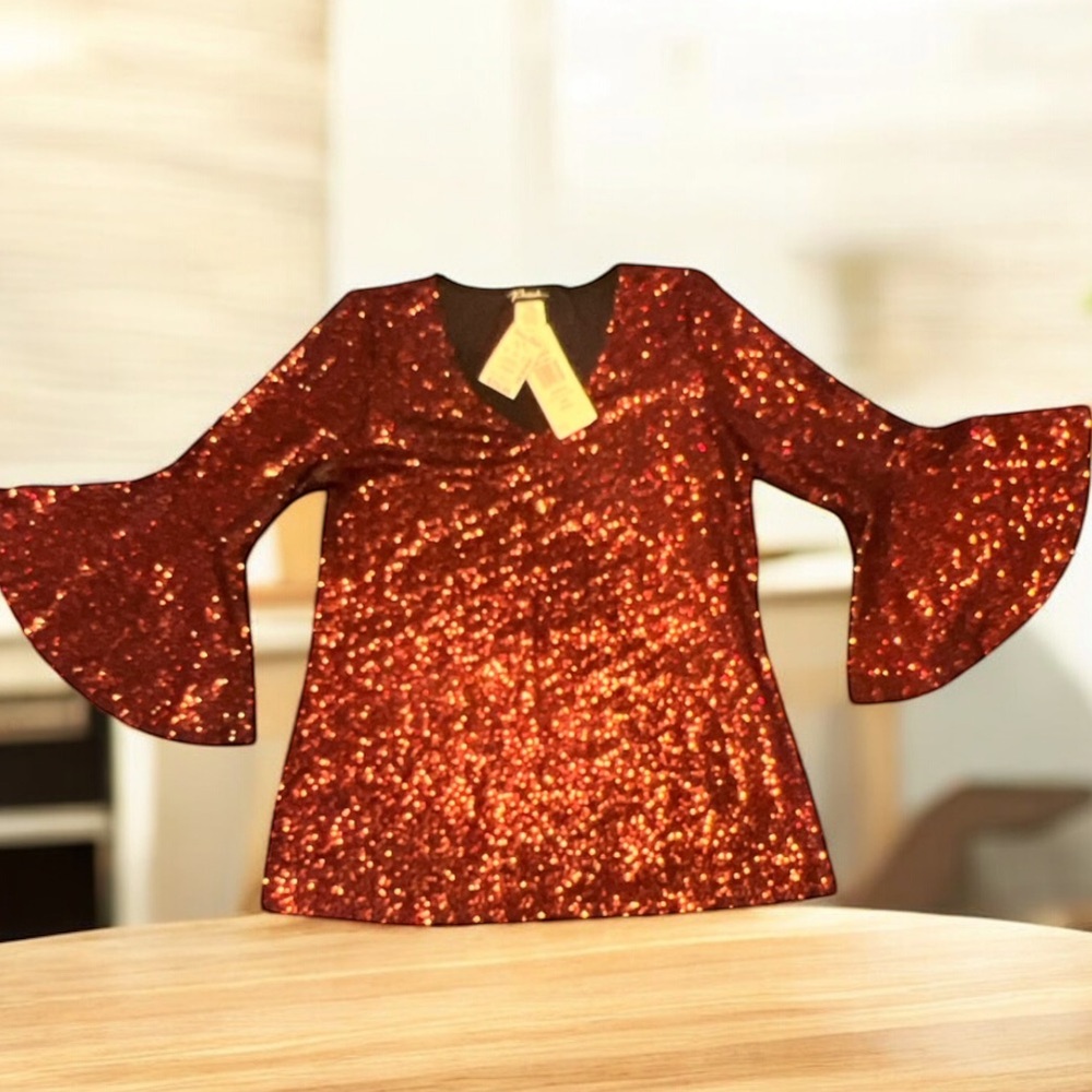 Prelude Red Glitter Bell‎ Sleeve Top V Neck Womens Small NWT Party Holiday